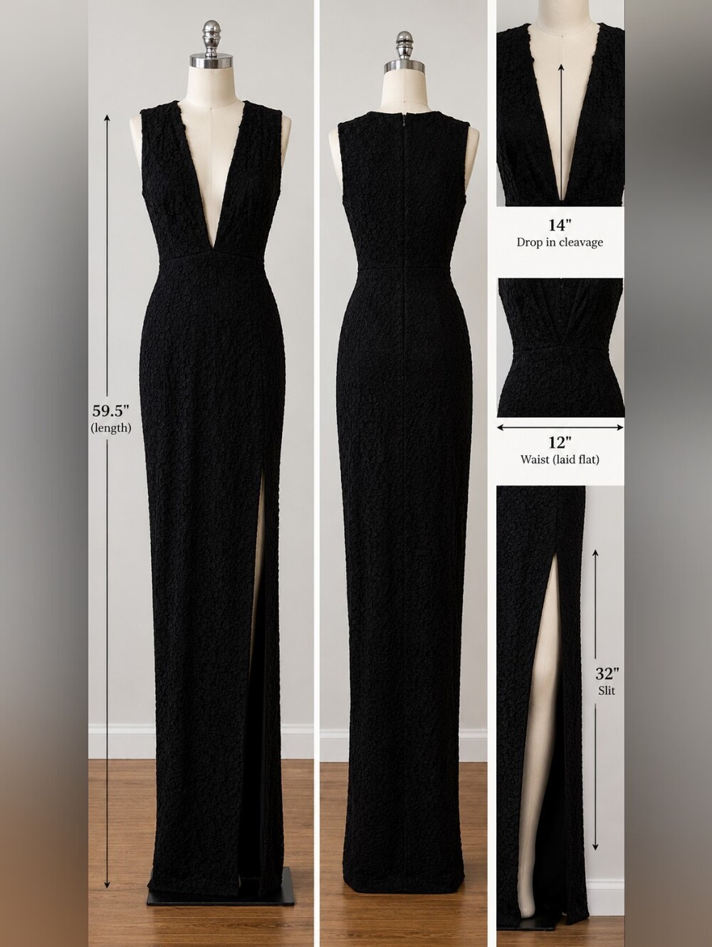 Sau Lee Women's Black Floral Lace V-Neck Sleeveless Long Gown Side Slit Size 2